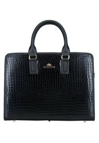 Zwarte handtas van krokodillenembossed leer met dubbele handvaten, gouden hardware-accenten en metalen voeten aan de onderkant voor stabiliteit.