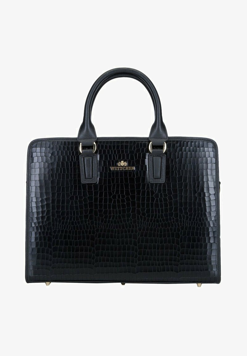 Czarna torebka skórzana z tłoczeniem w kształcie krokodyla, z podwójnymi uchwytami, złotymi akcentami metalowymi oraz metalowymi nóżkami na dnie dla stabilności.