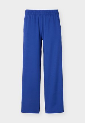 Pantaloni blu a gamba dritta con elastico in vita, realizzati in tessuto liscio, mostrati su sfondo chiaro uniforme.