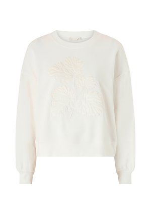 Witte trui met reliëfbladontwerp, ronde hals, lange mouwen en geribbelde boorden en zoom. Zachte stof met een gladde textuur.