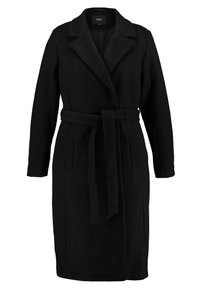 Abrigo de mezcla de lana negro con cuello de solapa, cintura ceñida con cinturón y dos bolsillos delanteros. Diseño sencillo con mangas largas y corte hasta la rodilla.