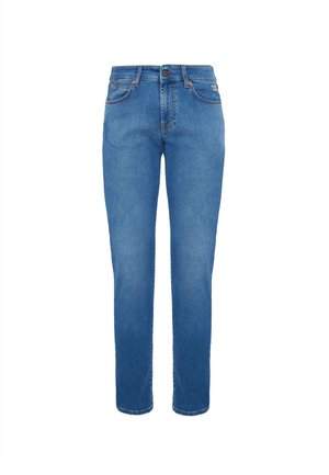 Jeans in denim blu con taglio dritto, design a cinque tasche, chiusura frontale con bottone e accenti di cucitura visibili.