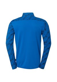 Langærmet træningsshirt i lys blå med sort abstrakt mønster på ærmerne, lavet af blødt og glat stof. Høj kravedesign.