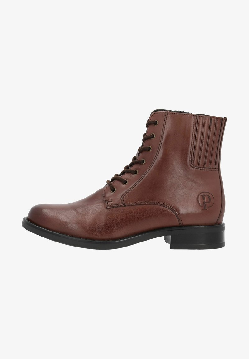 Bottines en cuir marron avec fermeture à lacets à l'avant, panneau arrière texturé et logo embossé. Caractéristiques d'un bout arrondi et d'un petit talon.