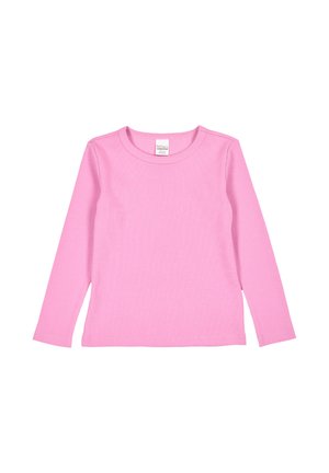 T-shirt à manches longues en coton rose clair. Avec une texture côtelée et un col rond. Design simple et classique, sans motifs ni embellissements.