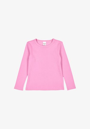 Maglietta a maniche lunghe in cotone rosa chiaro. Presenta una texture a costine e un collo rotondo. Design semplice e classico, senza motivi né decorazioni.