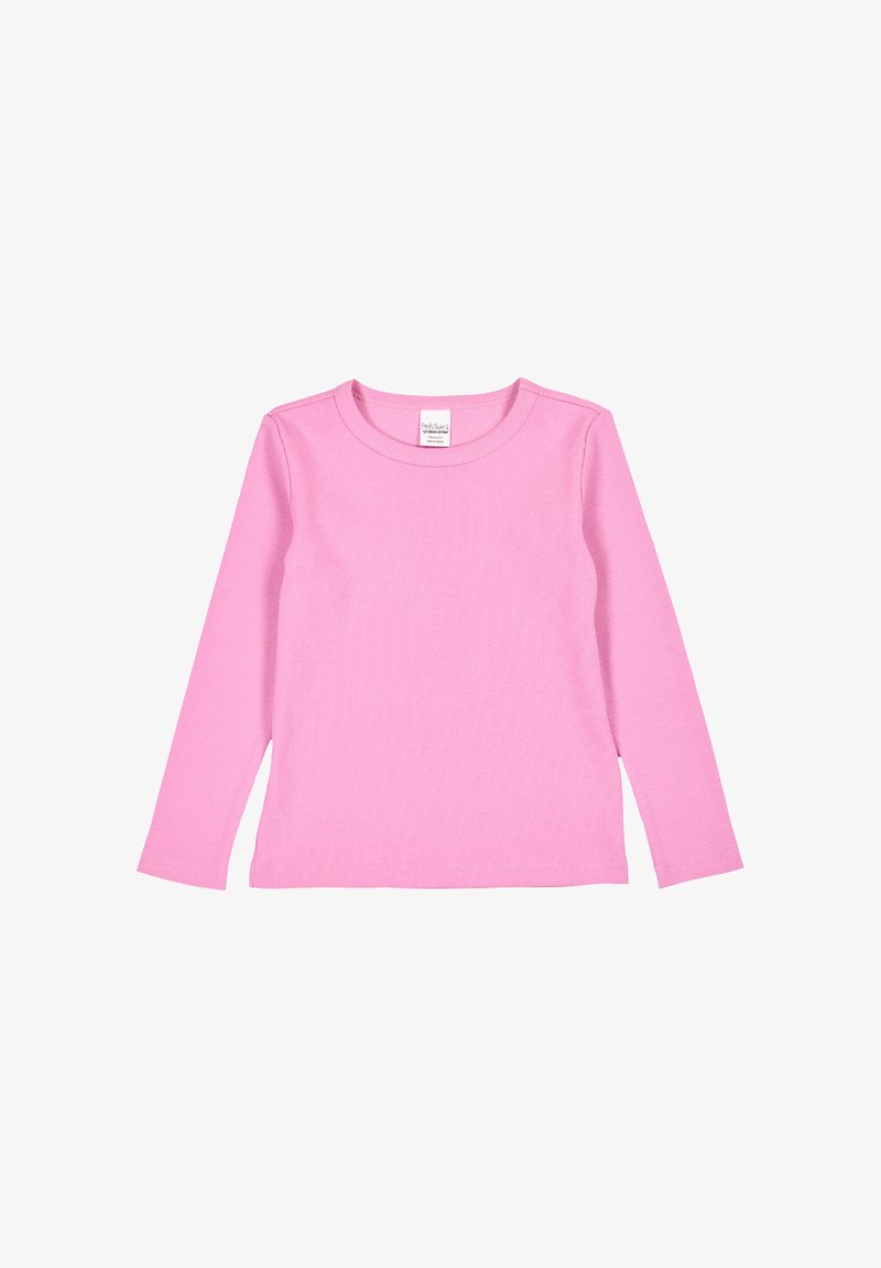 Langärmliges T-Shirt aus leichtem, rosa Baumwollstoff. Verfügt über eine gerippte Textur und einen runden Halsausschnitt. Einfaches, klassisches Design ohne Muster oder Verzierungen.