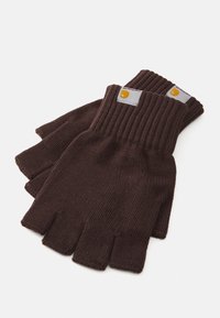Braune fingerlose Handschuhe aus einem gerippten Strickmaterial. Mit einem Bündchen und einem kleinen Logoschild im Handgelenkbereich. Weicher Stoff.
