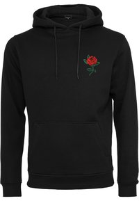 Black hoodie with a kangaroo pocket, featuring a red rose embroidery on the left chest. Made of soft fabric with drawstring hood.