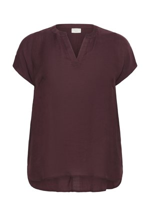 Burgundy short-sleeve blouse with a V-neckline, featuring a soft, textured fabric and a relaxed fit, slightly longer at the back.