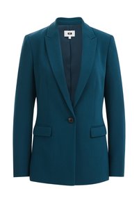 Teal kavaj med skräddarsydd passform, enkel knappstängning, snedskurna slag och två framfickor. Slät textur och strukturerad design.