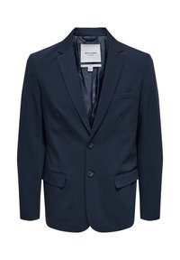 Marineblauer Blazer aus glattem Stoff, mit Reverskragen, zwei-Knopf-Verschluss und zwei vorderen Taschen. Innenseite sichtbar.