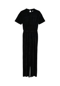 Zwarte fluwelen jumpsuit met korte mouwen, elastische tailleband en een kleine opening met sleutelgat aan de achterkant. Heeft een zilveren stippenpatroon over de hele jumpsuit.