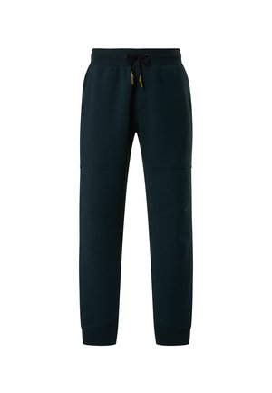 Pantaloni della tuta verde scuro realizzati in materiale morbido, dotati di vita elastica con cordino, tasche laterali e polsini svasati.