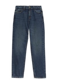 Jeans de mezclilla en azul oscuro con corte recto, que cuentan con cinco bolsillos, trabillas y un ligero desgaste en los muslos.
