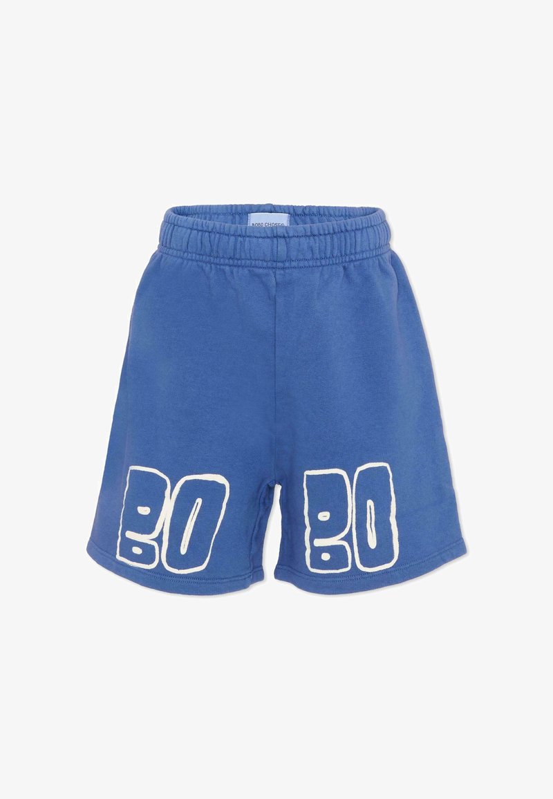 Shorts à taille élastique bleue avec lettrage blanc audacieux "BOBO" imprimé sur le devant de chaque jambe.