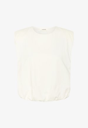 Valkoinen paita, jossa on rento istuvuus, lyhyet hihat ja kerätty helma. Valmistettu sileästä materiaalista, siinä on minimalistinen muotoilu.