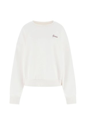 Felpa bianca con colletto a girocollo, maniche lunghe, polsini a costine e piccolo logo "Guess" ricamato sul lato sinistro del petto.