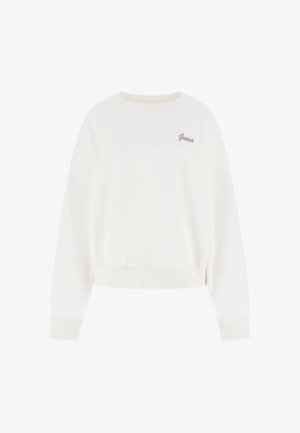 Weißes Crewneck-Sweatshirt mit langen Ärmeln, gerippten Bündchen und kleinem, auf der oberen linken Brust gesticktem "Guess"-Logo.