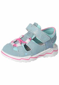 Modré semišové sandály s růžovými akcenty, vybavené výřezy, hvězdným vzorem, nastavitelným popruhem a texturovanou bílou podrážkou. Ideální pro venkovní nošení.