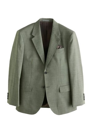 Olivengrüner Blazer aus strukturiertem Material, mit Reverskragen, zwei Fronttaschen, Ein-Knopf-Verschluss und einer Brusttasche.