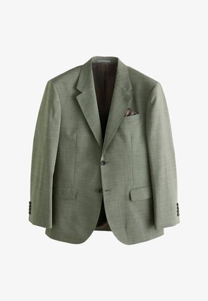 Olive green blazer made of textured fabric, featuring notched lapels, two front pockets, single-button closure, and a pocket square.