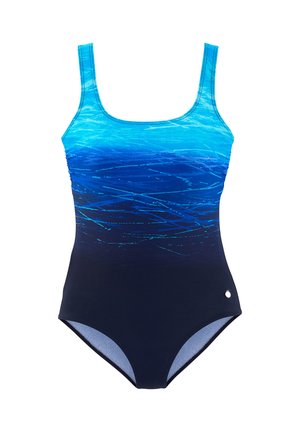 One-piece swimsuit with wide straps, featuring a gradient design from light blue at the top to dark navy at the bottom with abstract streak patterns.
