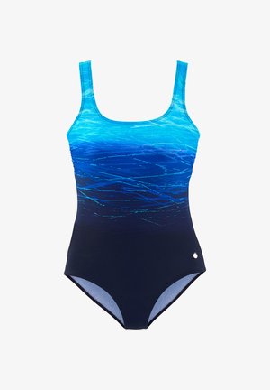 One-piece swimsuit with wide straps, featuring a gradient design from light blue at the top to dark navy at the bottom with abstract streak patterns.