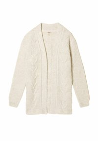 Helles beiges Strickcardigan mit offenem Vorderteil, ausgestattet mit strukturierten Mustern und Rippbündchen. Weiches, dickes Garn verleiht ein gemütliches Aussehen.