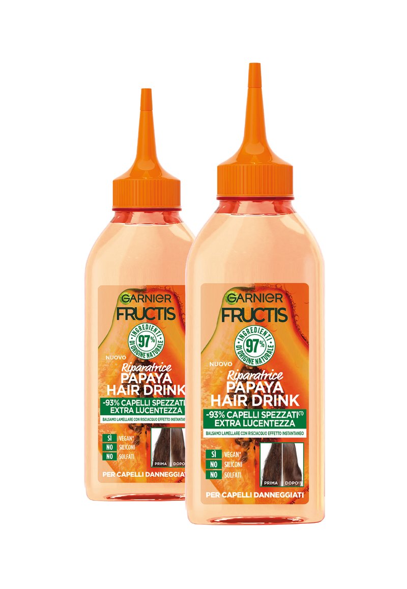 Garnier - FRUCTIS HAIR DRINK PAPAYA RIPARATRICE, BALSAMO LAMELLARE CON RISCIACQUO EFFETTO ISTANTANEO CON ESTRATTO DI PAPAYA, 200ML - 2 PACK - Balsamo, Ingrandire