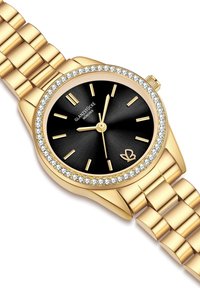 Reloj de oro con esfera redonda, dial negro, marcadores de hora dorados y acentos de cristal alrededor del bisel. Pulsera de eslabones de metal.