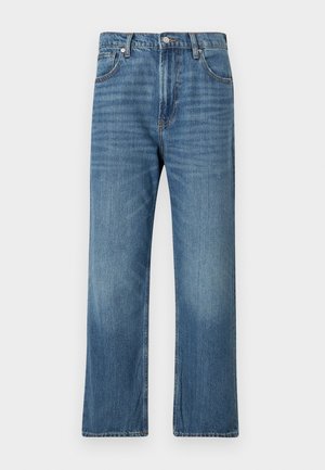 Blå denimjeans med en rak benDesign, femfickorsstil och en blekt tvätt. Har en knapp- och dragkedjeslutning i midjan.