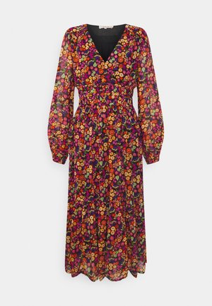 Midi kjole med lange ærmer, V-hals, elastisk talje og farverigt blomsterprint i rødt, lilla, orange, gult og grønt på en mørk baggrund.