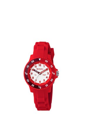 Children's red wristwatch with hour and minute hands labeled, white dial, and numbers showing minutes and quarters for learning to tell time.