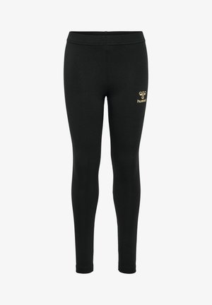 Zwarte leggins van rekbaar materiaal, met een gladde textuur en een gouden logo aan de linkerkant nabij de tailleband.
