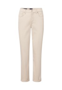 Beige džínové kalhoty se středním střihem, pěti kapsami a manžetami na nohavicích. Vyrobené z bavlněné směsi pro pohodlí a odolnost.