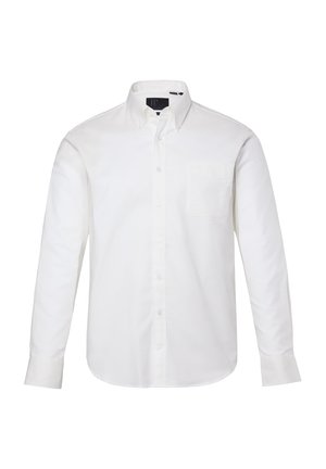 Weiße Langarm-Button-Up-Bluse aus Baumwolle, mit Kragen, Brusttasche und einer leicht taillierten Passform. Glatte Textur und einfarbig.