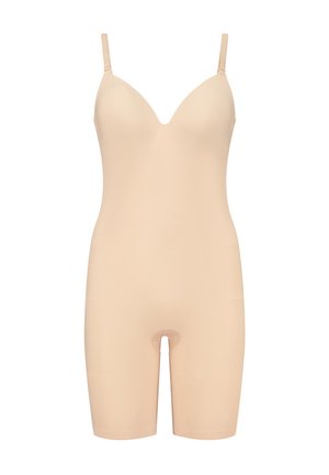 Nude body z kształtującym krojem, z regulowanymi ramiączkami, dekoltem w literę V i długością do połowy uda. Gładka tekstura z bezszwowym wykończeniem.