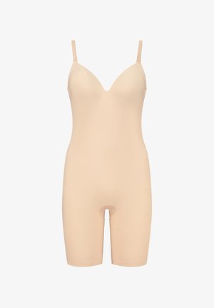 Body shapewear nude con spalline regolabili, design a scollo a V e lunghezza fino alla metà della coscia. Texture liscia con finitura senza cuciture.