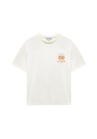 Lys cremefarvet kortærmet T-shirt lavet af blød bomuld, med et trykt brunt hundemotiv med en pink sløjfe på venstre brystområde.