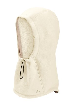 Balaclava in pile color crema con morbida fodera interna e coulisse regolabile al collo per una vestibilità aderente.