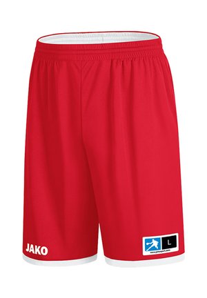 Rote Sportshorts mit weißem elastischem Bund, weißem Saumabschluss, JAKO-Logo am linken Bein und Größenetikett L mit Fußballspieler-Icon am rechten Bein.