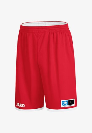 Rote Sportshorts mit weißem elastischem Bund, weißem Saumabschluss, JAKO-Logo am linken Bein und Größenetikett L mit Fußballspieler-Icon am rechten Bein.