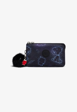 Black zippered wallet featuring a cosmic design with star patterns and cartoon dog motifs. Includes a detachable black pom-pom keychain.