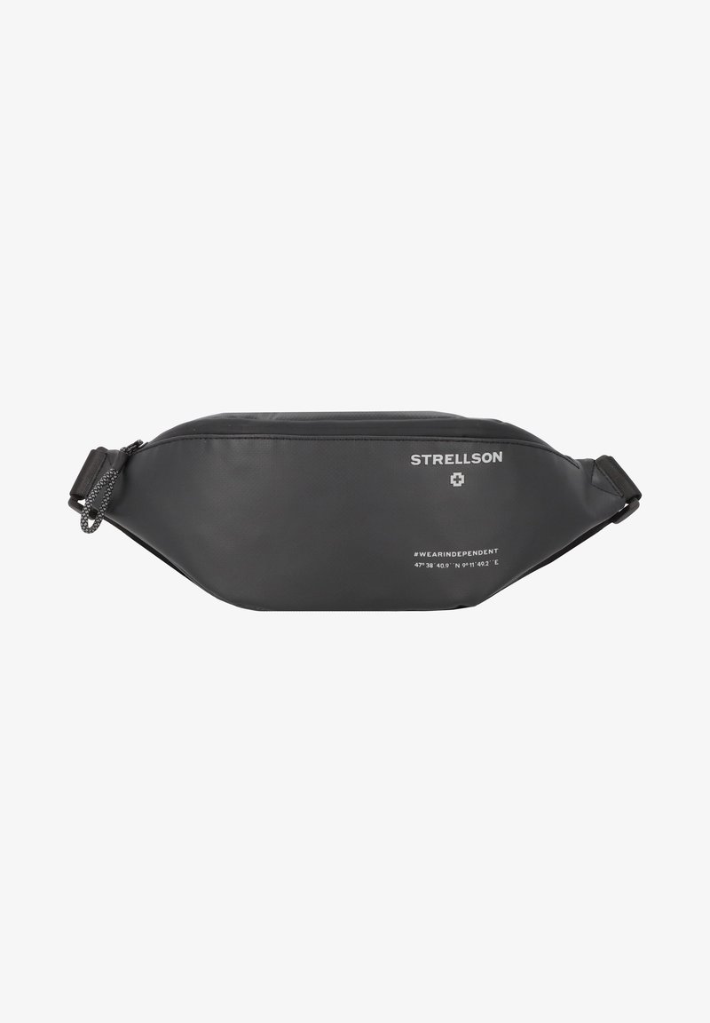 Sac banane en nylon noir avec un design élégant et arrondi, fermeture éclair, logo imprimé et coordonnées à l'avant. Sangle ajustable incluse.