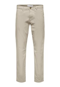 Chinos en coton beige avec une texture lisse, design ajusté, fermeture à bouton et poches standards, adaptés pour un usage décontracté ou semi-formel.