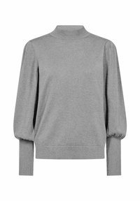 Harmaa poolopaitaa, jossa on korkea kaula-aukko, puffihihat ja ribbed-hihansuut. Valmistettu pehmeästä kankaasta, jossa on sileä pinta ja ei näkyviä kuvioita.