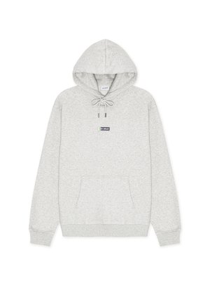 Light gray hoodie made of soft fabric, featuring a front pocket, drawstrings, and a small logo patch on the chest. Ribbed cuffs and hem.