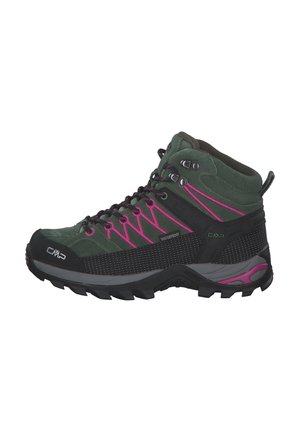 Wasserdichte Wanderschuhe, grünes und schwarzes Nubukmaterial, pinke Akzente, gemusterte Mesh-Einsätze, hoch geschnittenes Design, robustes Gummisohle.