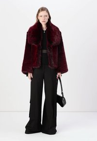 Giacca in pelliccia sintetica bordeaux con un ampio colletto, abbinata a un top nero e pantaloni neri a gamba larga. Gli accessori includono una borsa nera.